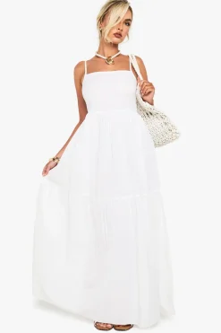 boohoo Robe maxi à volants en lin et à fines bretelles<Femme Robes|Robes De Jour