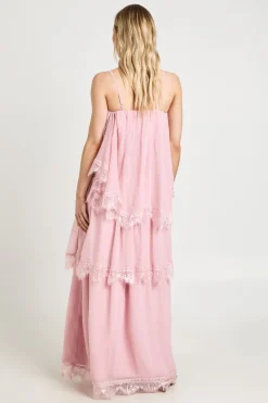 boohoo Robe Maxi À Volants En Mousseline Froissée Et Dentelle Petite<Femme Satin Et Dentelle|Robes