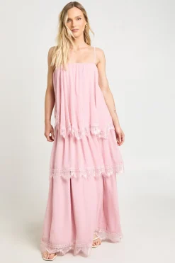 boohoo Robe Maxi À Volants En Mousseline Froissée Et Dentelle Petite<Femme Satin Et Dentelle|Robes