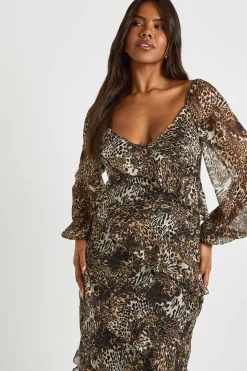 boohoo Robe Maxi À Volants En Mousseline Imprimé Léopard<Femme Robes À Manches Longues|Robes