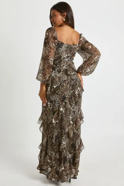boohoo Robe Maxi À Volants En Mousseline Imprimé Léopard<Femme Robes À Manches Longues|Robes