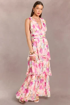 boohoo Robe Maxi À Volants En Mousseline À Décolleté Plongeant Et Motif Floral<Femme Robes|Robe Invitée Mariage
