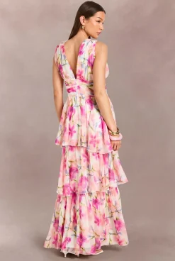 boohoo Robe Maxi À Volants En Mousseline À Décolleté Plongeant Et Motif Floral<Femme Robes|Robe Invitée Mariage