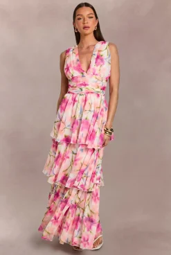 boohoo Robe Maxi À Volants En Mousseline À Décolleté Plongeant Et Motif Floral<Femme Robes|Robe Invitée Mariage
