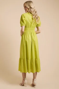 Robe Maxi À Volants En Popeline Avec Manches Bouffantes Et Finitions En Dentelle Broderie Anglaise