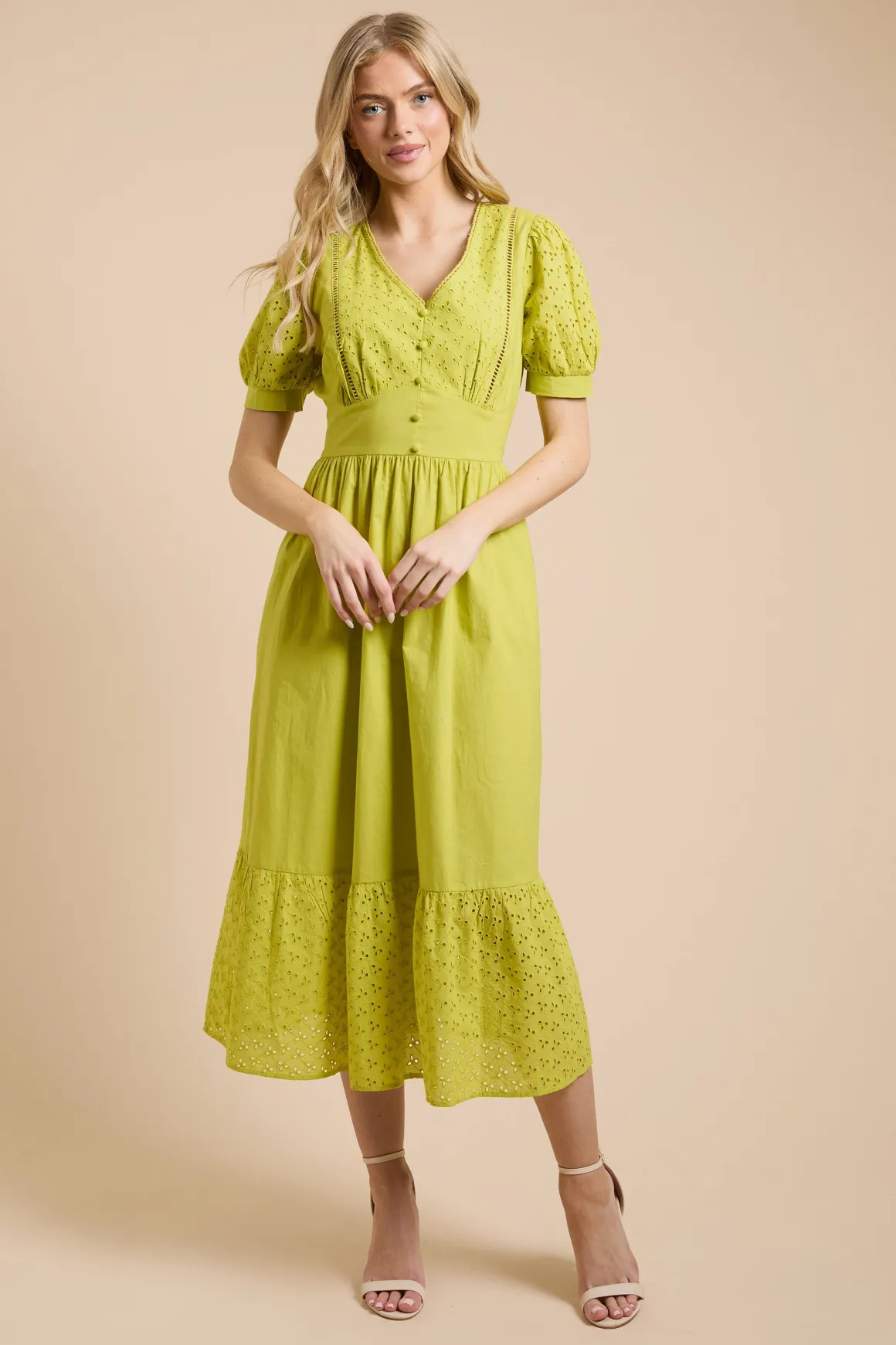 Robe Maxi À Volants En Popeline Avec Manches Bouffantes Et Finitions En Dentelle Broderie Anglaise