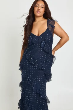 Robe Maxi à Volants à Pois Grande Taille