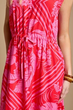 Robe Maxi À Volants Rose Tropicale Sans Manches Avec Taille Cordon