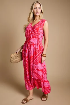 Robe Maxi À Volants Rose Tropicale Sans Manches Avec Taille Cordon