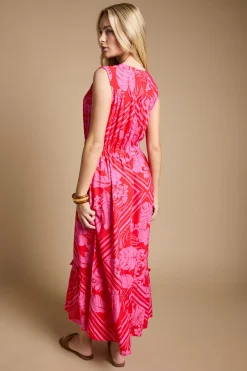 Robe Maxi À Volants Rose Tropicale Sans Manches Avec Taille Cordon