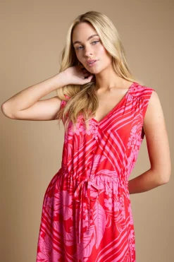 Robe Maxi À Volants Rose Tropicale Sans Manches Avec Taille Cordon
