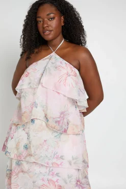 Robe Maxi À Volants Étagés Col Halter Grande Taille À Imprimé Fleuri