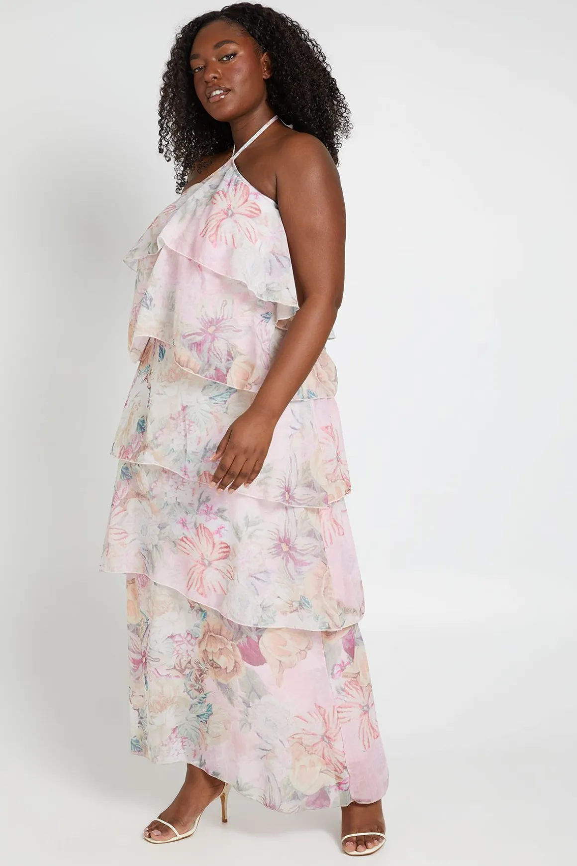 Robe Maxi À Volants Étagés Col Halter Grande Taille À Imprimé Fleuri