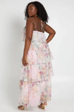 Robe Maxi À Volants Étagés Col Halter Grande Taille À Imprimé Fleuri