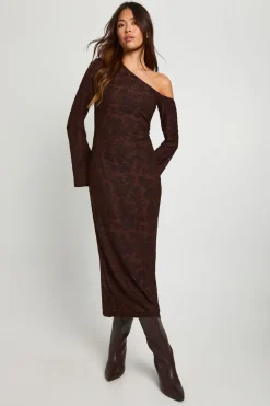 Robe Midaxi Asymétrique à Manches Longues Motif Floral Dévoré