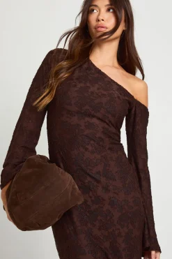 Robe Midaxi Asymétrique à Manches Longues Motif Floral Dévoré