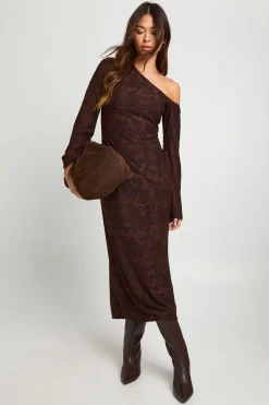 Robe Midaxi Asymétrique à Manches Longues Motif Floral Dévoré