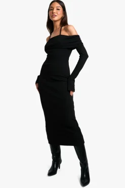 boohoo Robe midaxi Bardot nouée en côtes larges<Femme Toutes Les Robes|Robes À Manches Longues