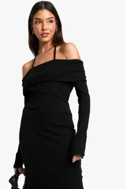 boohoo Robe midaxi Bardot nouée en côtes larges<Femme Toutes Les Robes|Robes À Manches Longues