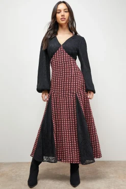 Robe Midaxi à Carreaux avec Panneaux Contrastés