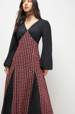 Robe Midaxi à Carreaux avec Panneaux Contrastés
