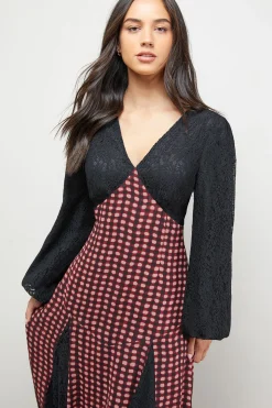 Robe Midaxi à Carreaux avec Panneaux Contrastés