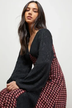 Robe Midaxi à Carreaux avec Panneaux Contrastés