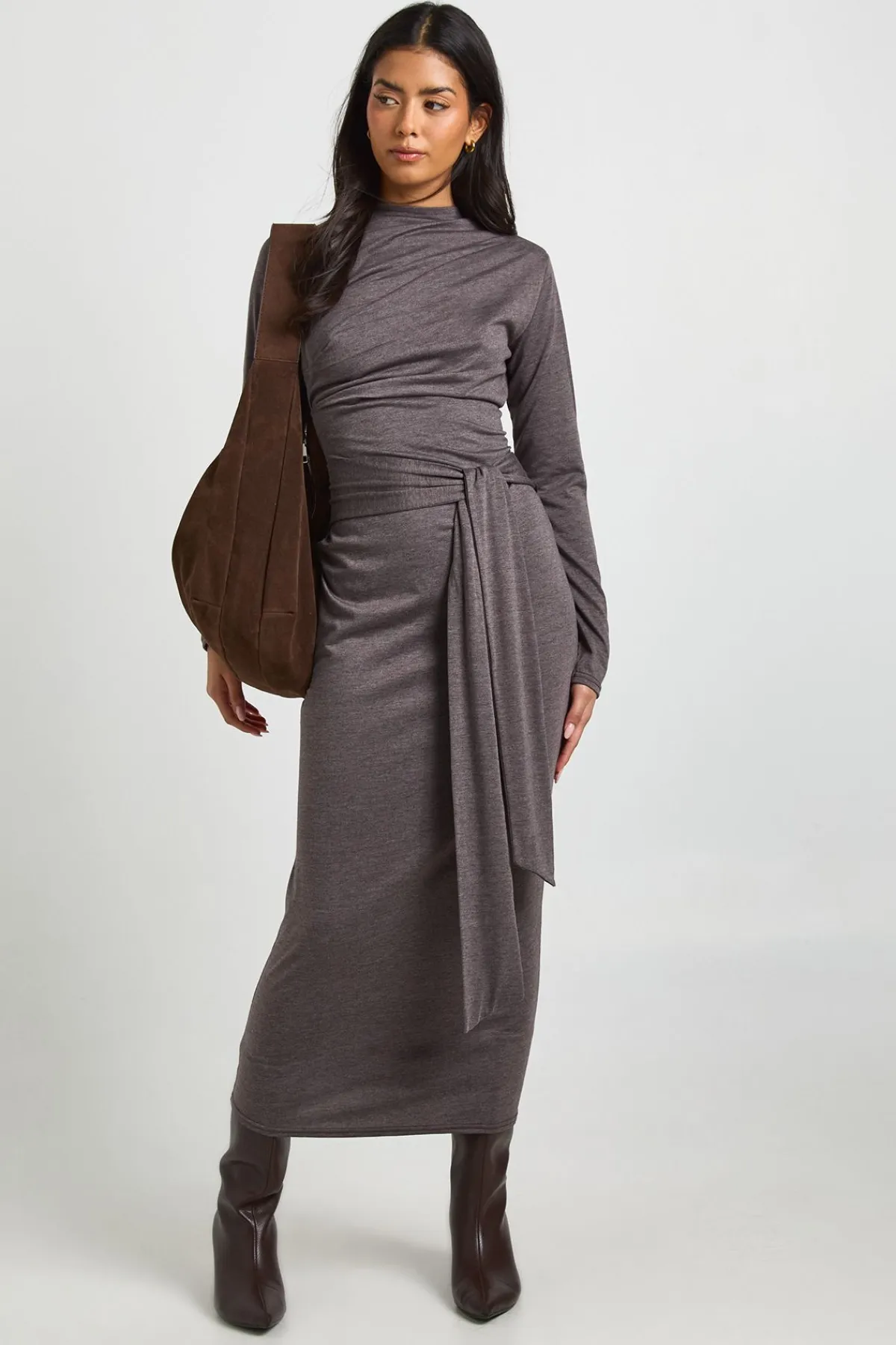 boohoo Robe Midaxi Chinée à Manches Longues avec Ceinture Nouée<Femme Robes Moulantes|Robes À Manches Longues