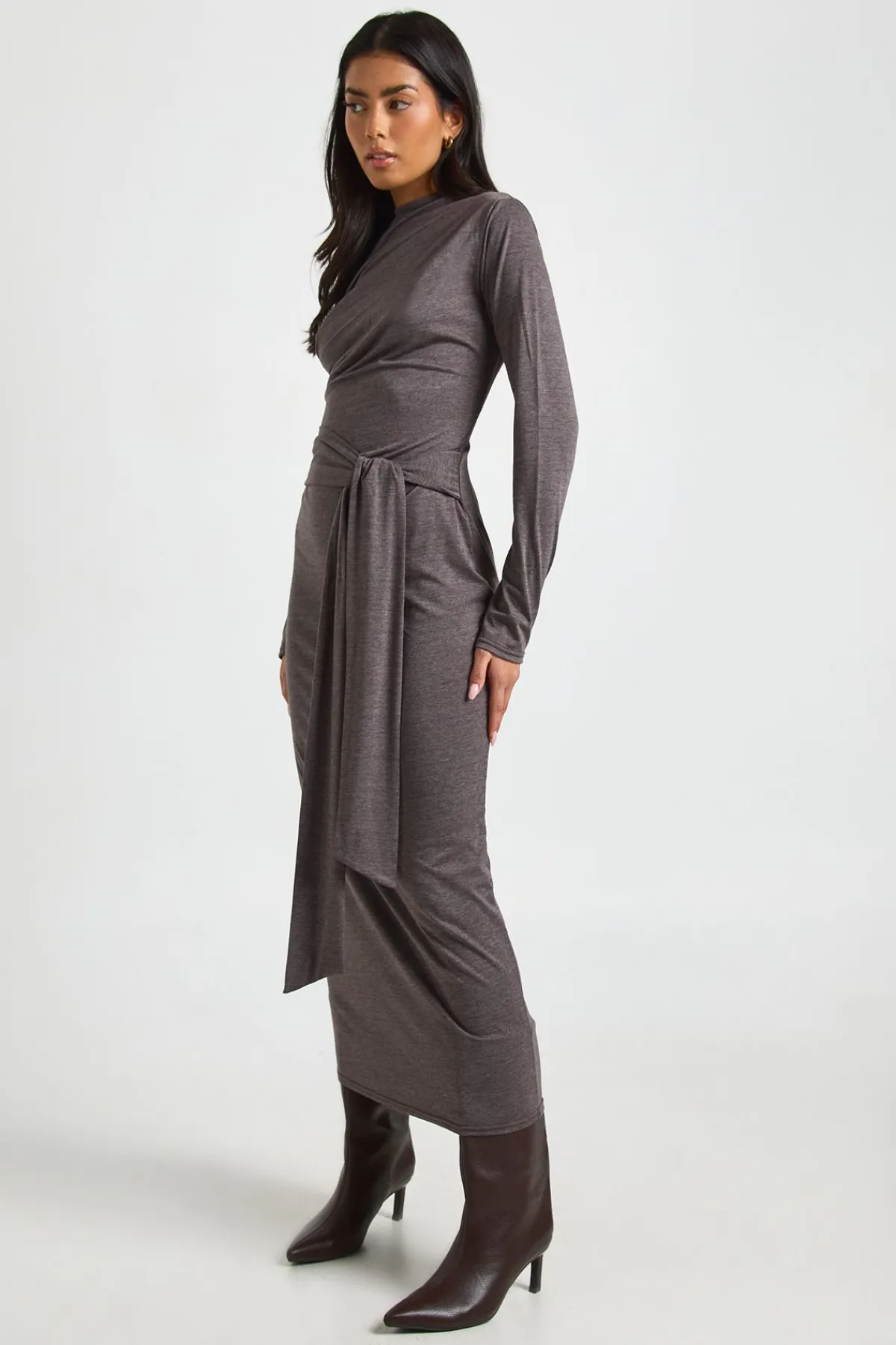 boohoo Robe Midaxi Chinée à Manches Longues avec Ceinture Nouée<Femme Robes Moulantes|Robes À Manches Longues
