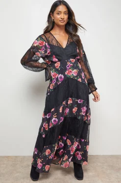 Robe Midaxi à Col V avec Détails de Panneaux en Dentelle Imprimée
