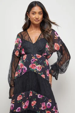 Robe Midaxi à Col V avec Détails de Panneaux en Dentelle Imprimée