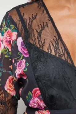 Robe Midaxi à Col V avec Détails de Panneaux en Dentelle Imprimée