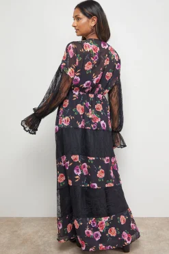 Robe Midaxi à Col V avec Détails de Panneaux en Dentelle Imprimée