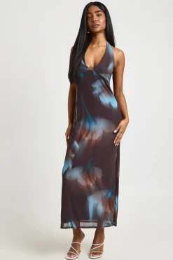 boohoo Robe Midaxi À Décolleté Plongeant En Mesh Imprimé Floral Avec Perles<Femme Robes De Soirée|Robes