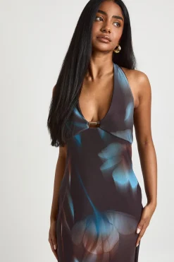 boohoo Robe Midaxi À Décolleté Plongeant En Mesh Imprimé Floral Avec Perles<Femme Robes De Soirée|Robes