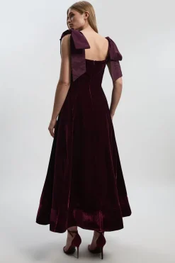 Robe Midaxi de Bal Tissée Petite Velours Bardot avec Nœud en Taffetas