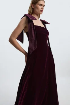 Robe Midaxi de Bal Tissée Petite Velours Bardot avec Nœud en Taffetas