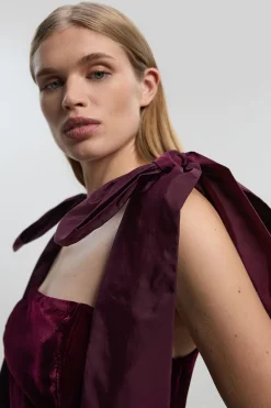 Robe Midaxi de Bal Tissée Petite Velours Bardot avec Nœud en Taffetas