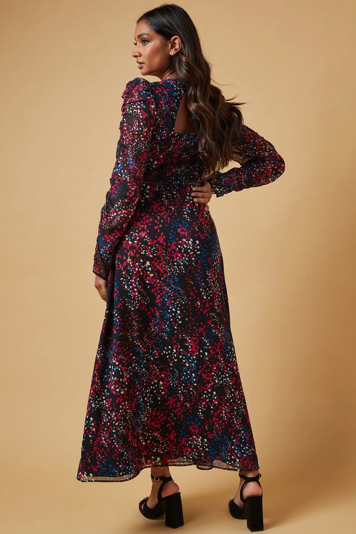 Robe Midaxi de Cérémonie à Motifs Abstraits et Manches Froncées