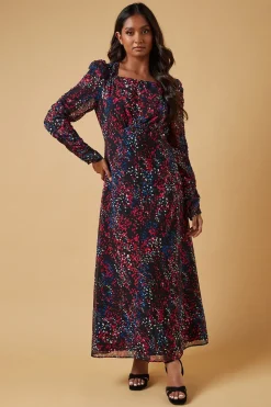 Robe Midaxi de Cérémonie à Motifs Abstraits et Manches Froncées