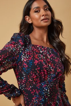 Robe Midaxi de Cérémonie à Motifs Abstraits et Manches Froncées