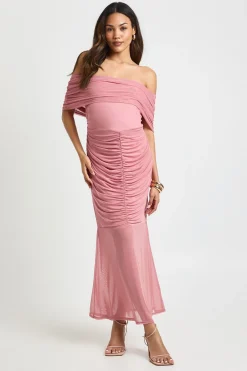 boohoo Robe Midaxi de Maternité Bardot Froncée à Ourlet en Maille<Femme Robes|Toutes Les Robes