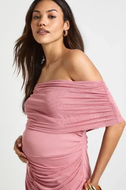 boohoo Robe Midaxi de Maternité Bardot Froncée à Ourlet en Maille<Femme Robes|Toutes Les Robes