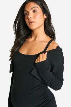 Robe midaxi de maternité en côtes texturées, à bretelles et fendue sur le côté & Cardigan court assorti