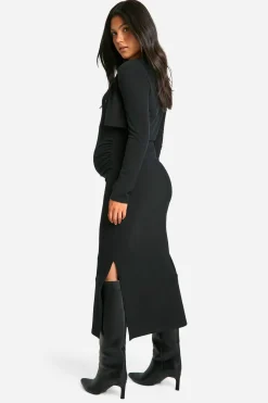 Robe midaxi de maternité en côtes texturées, à bretelles et fendue sur le côté & Cardigan court assorti