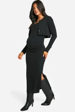 Robe midaxi de maternité en côtes texturées, à bretelles et fendue sur le côté & Cardigan court assorti