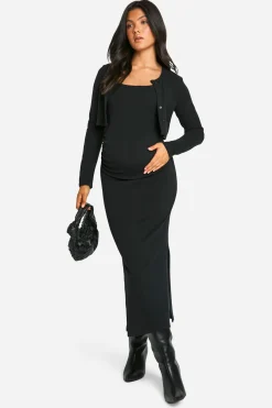 Robe midaxi de maternité en côtes texturées, à bretelles et fendue sur le côté & Cardigan court assorti