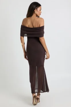 boohoo Robe Midaxi de Maternité Froncée Bardot à Ourlet en Maille<Femme Looks Chocolat|Robes De Soirée