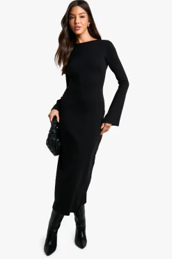 boohoo Robe midaxi à dos noué en côtes<Femme Toutes Les Robes|Robes À Manches Longues