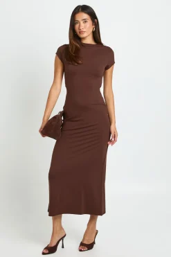 boohoo Robe Midaxi Dos Nu À Manches Courtes En Jersey Supersoft Basique<Femme Looks Chocolat|Basiques